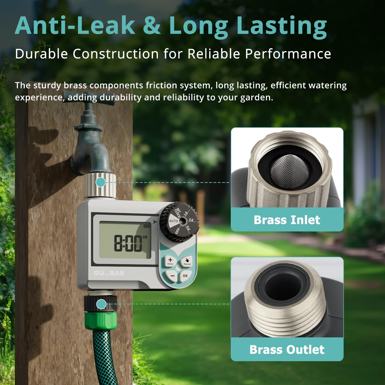 QUOBAS connected to rain barrel and drip line conserving water efficiently
