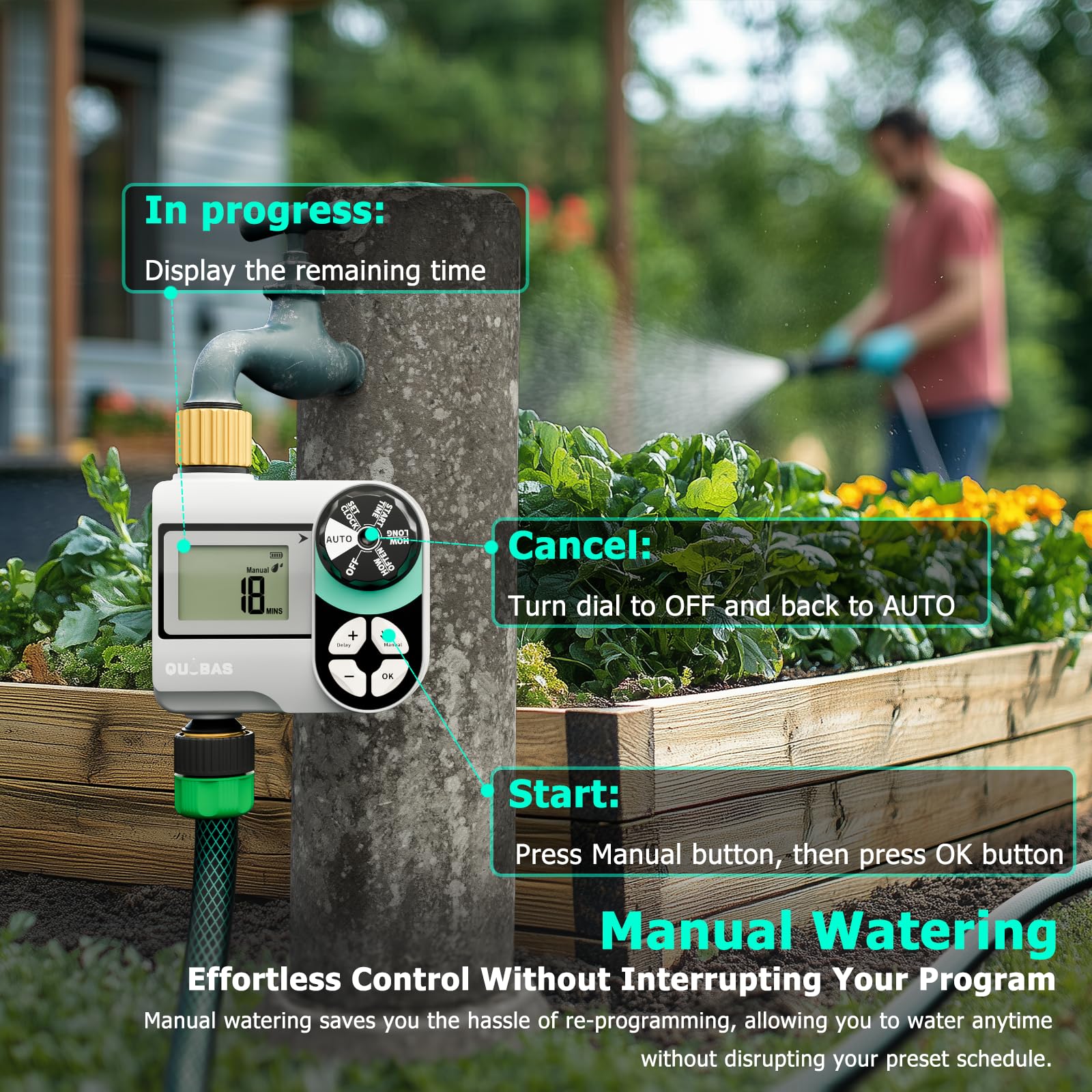 QUOBAS connected to drip irrigation demonstrating precise water delivery