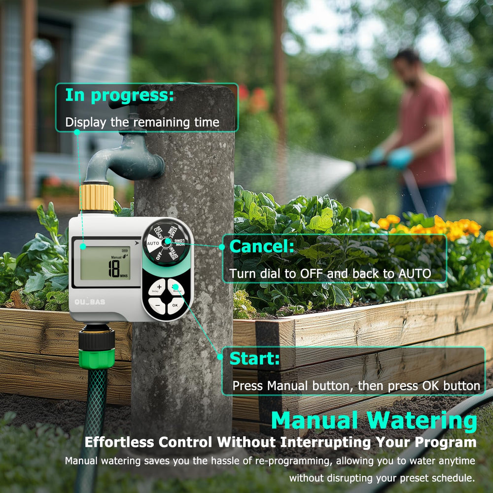 QUOBAS connected to drip irrigation demonstrating precise water delivery