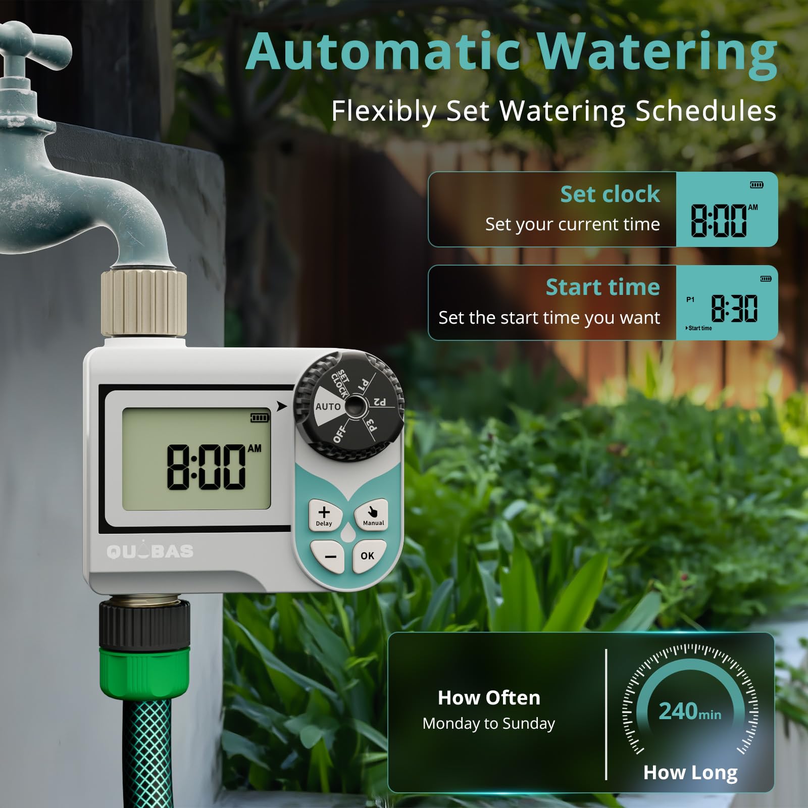 QUOBAS installed on outdoor spigot watering garden demonstrating convenience