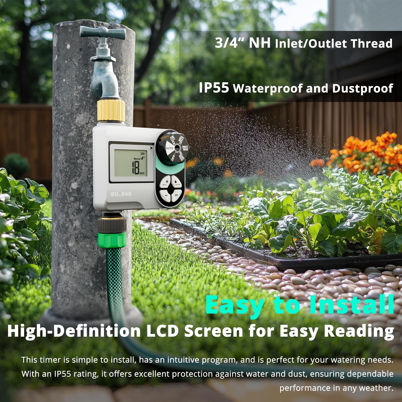 QUOBAS in patio setting controlling a sprinkler for consistent lawn care
