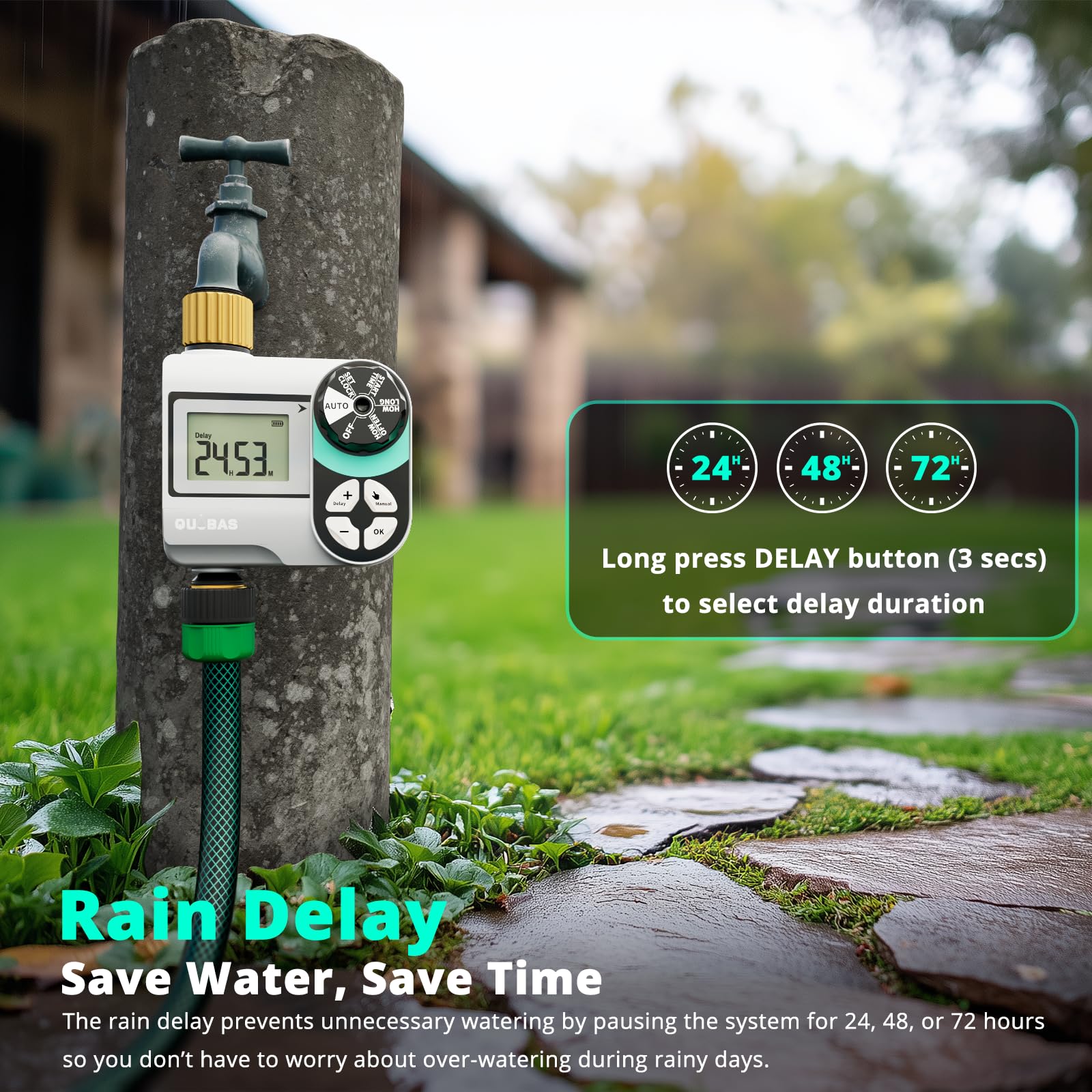 QUOBAS held in hand to show compact size for easy outdoor placement