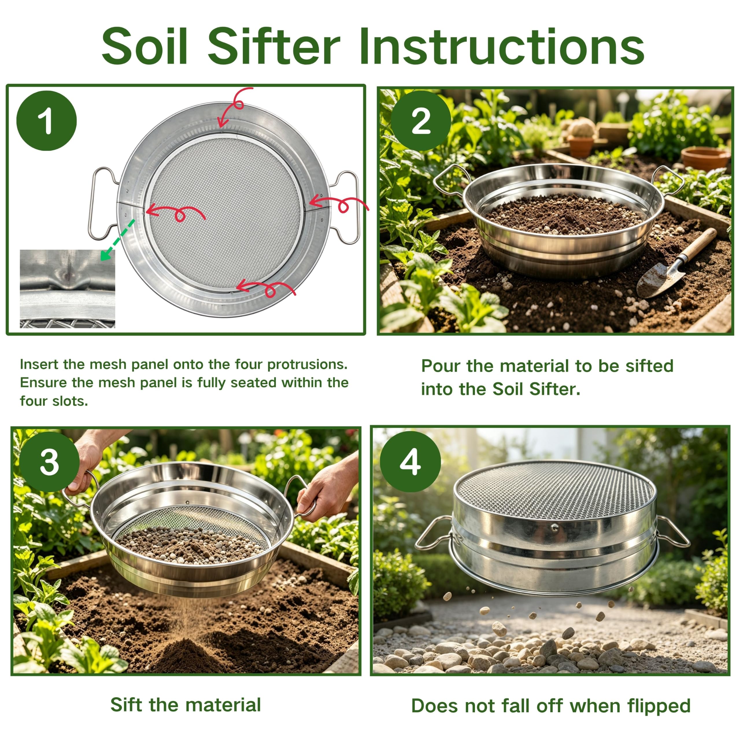 QUTIING soil sifter seated on a 5-gallon bucket for easy collection and speed