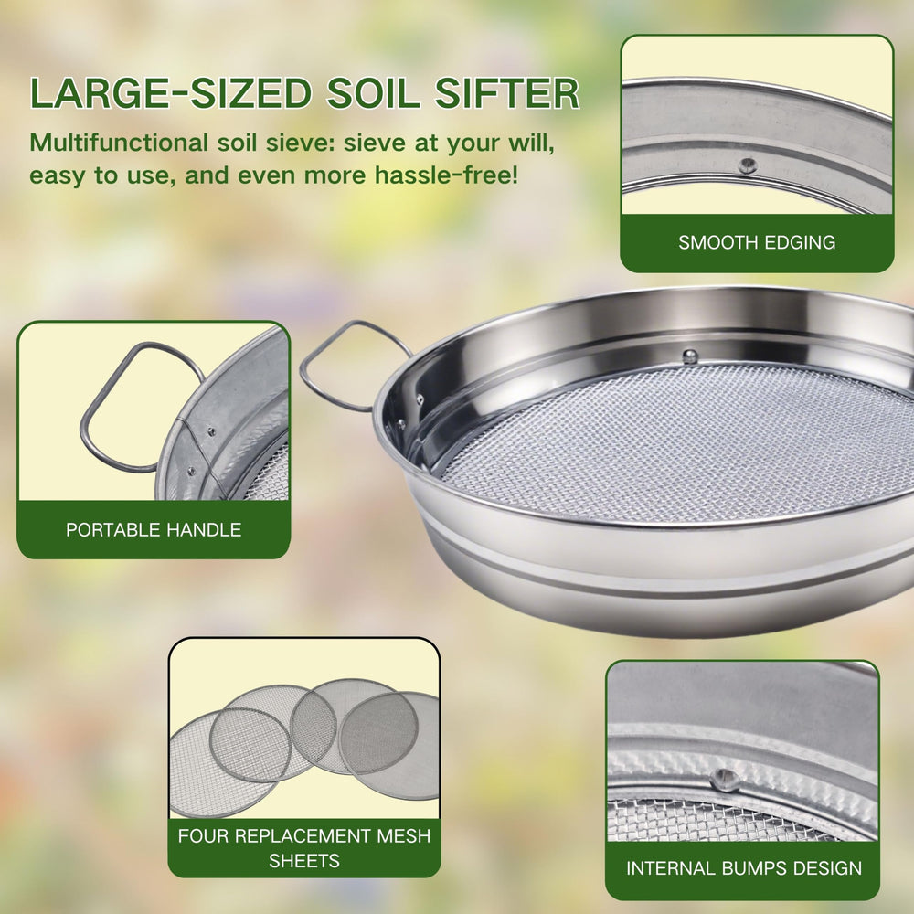 QUTIING sifter scale beside garden tools demonstrates 14.5-inch working diameter