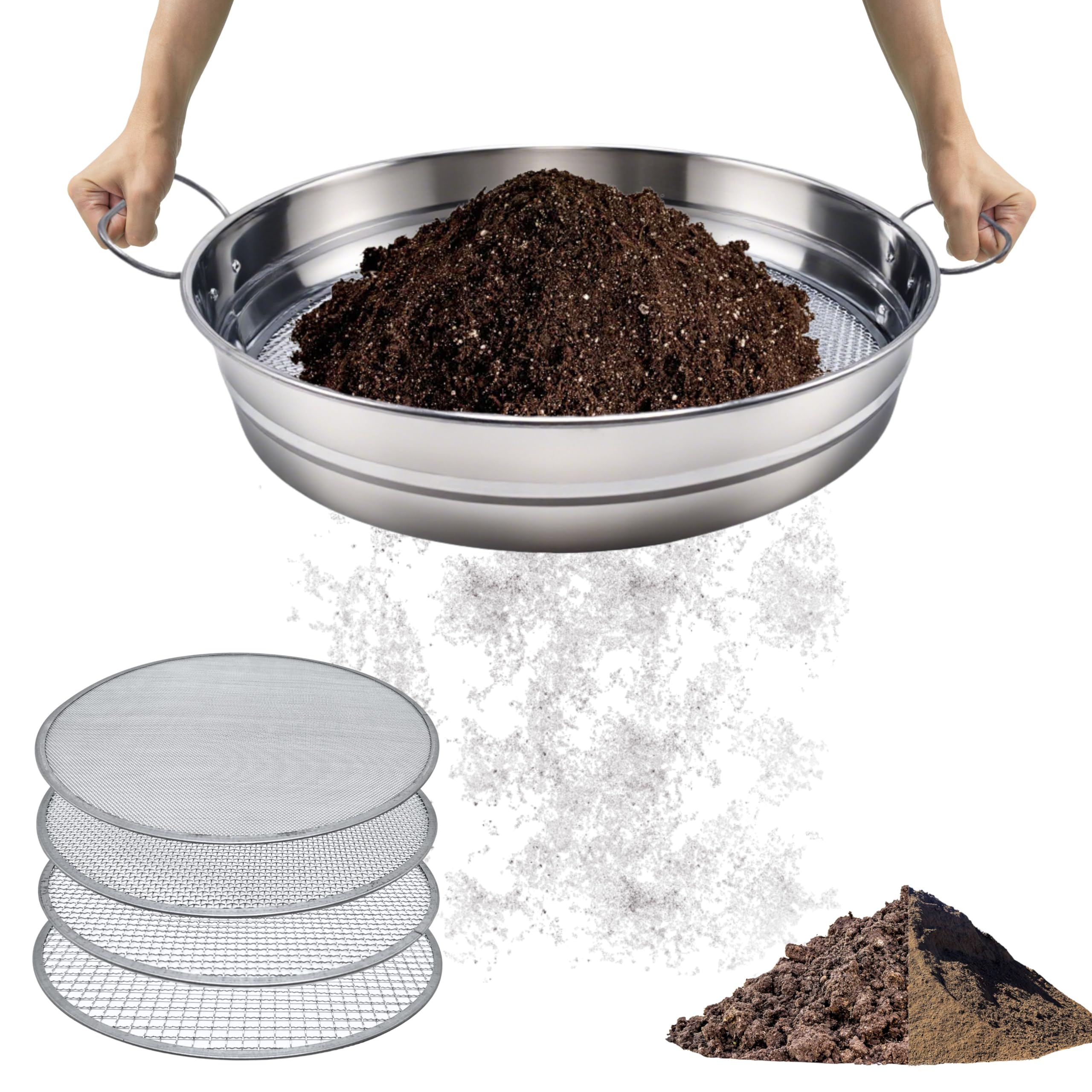 QUTIING soil sifter front view shows full frame and handles for faster screening
