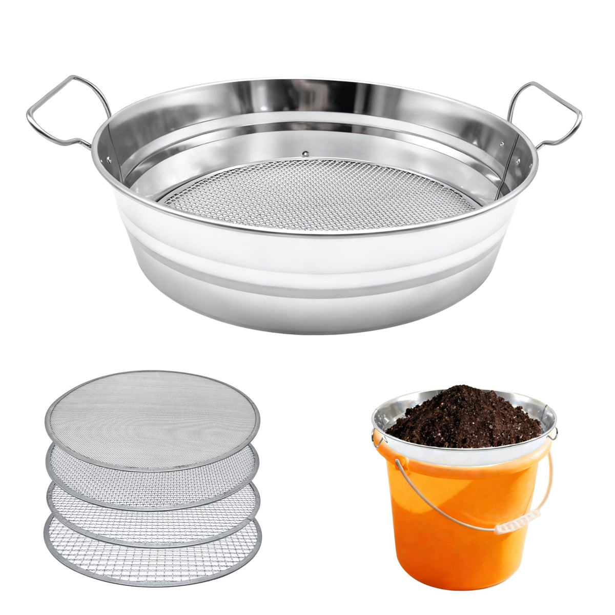 QUTIING front view of soil sifter showing stable frame and handles for fast use