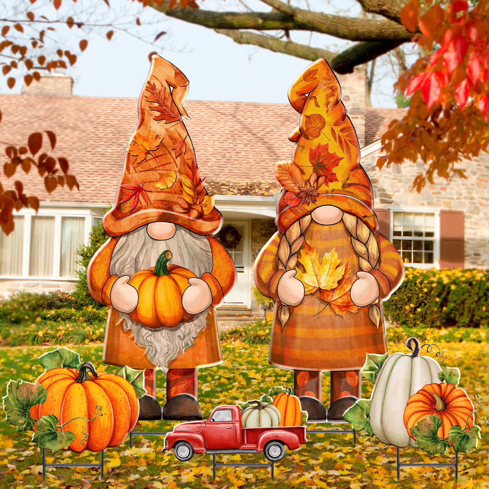 Quzzil front view of five-piece fall gnome and pumpkin yard sign set brightens entry