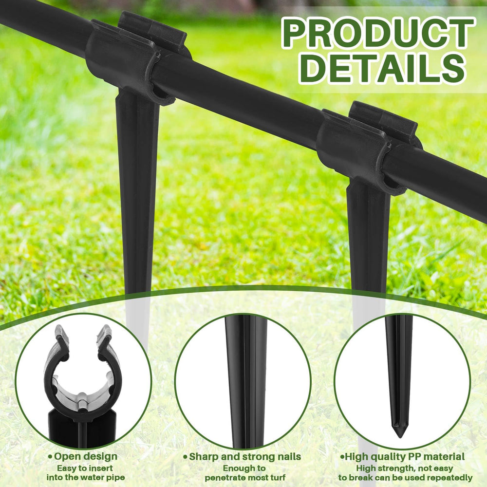 Quzzil stakes installed in a vegetable bed delivering tidy irrigation lines