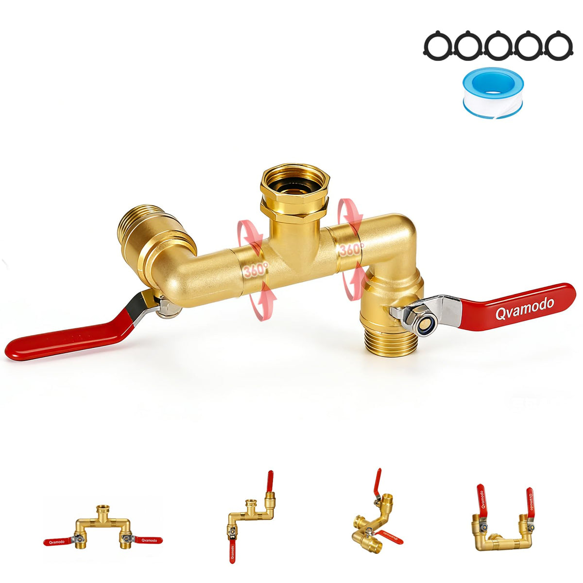 Qvamodo front view brass splitter showing sturdy design and reliable flow