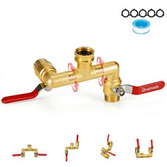 Qvamodo front view brass splitter showing sturdy design and reliable flow