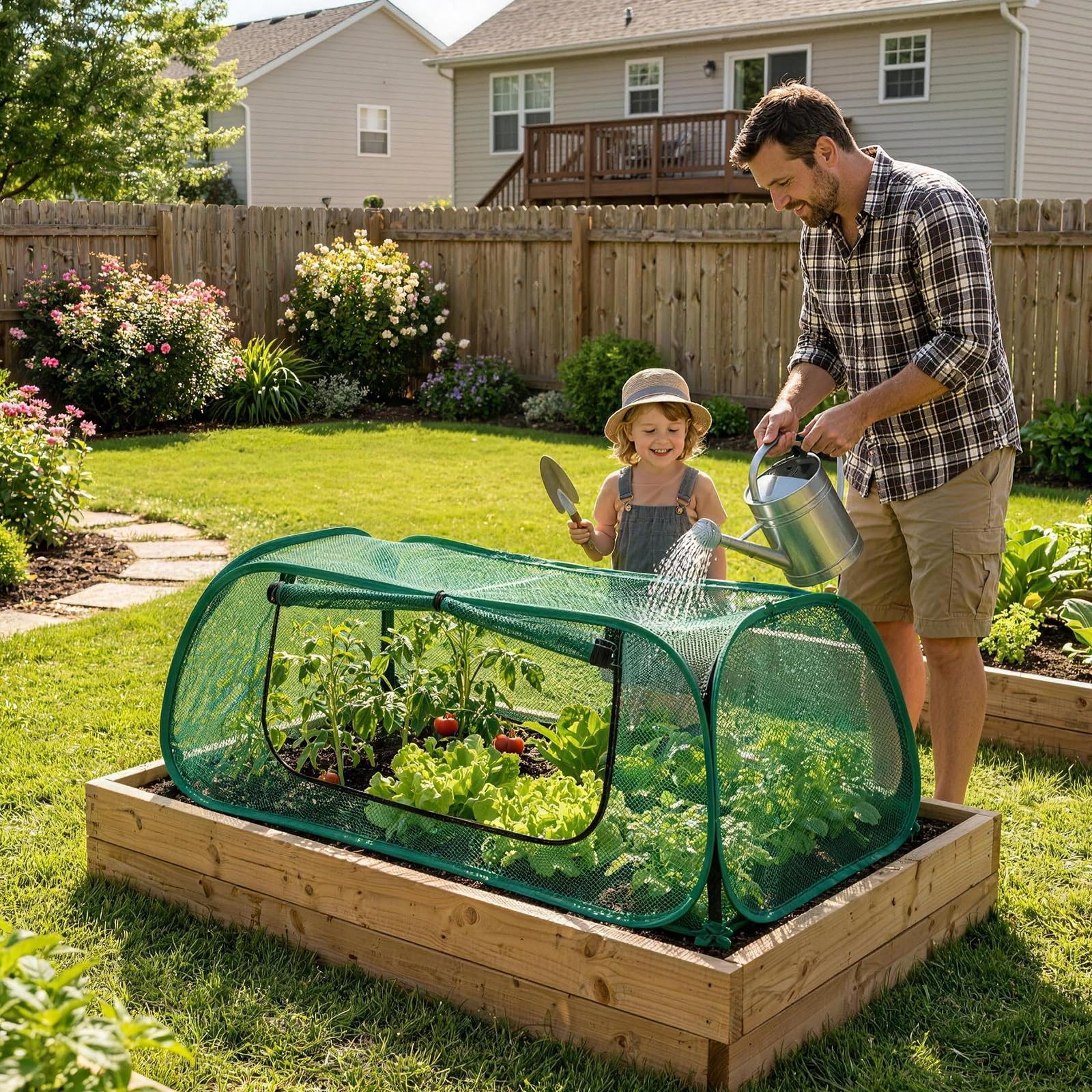 QwayHome in-garden lifestyle scene protecting vegetables from pests