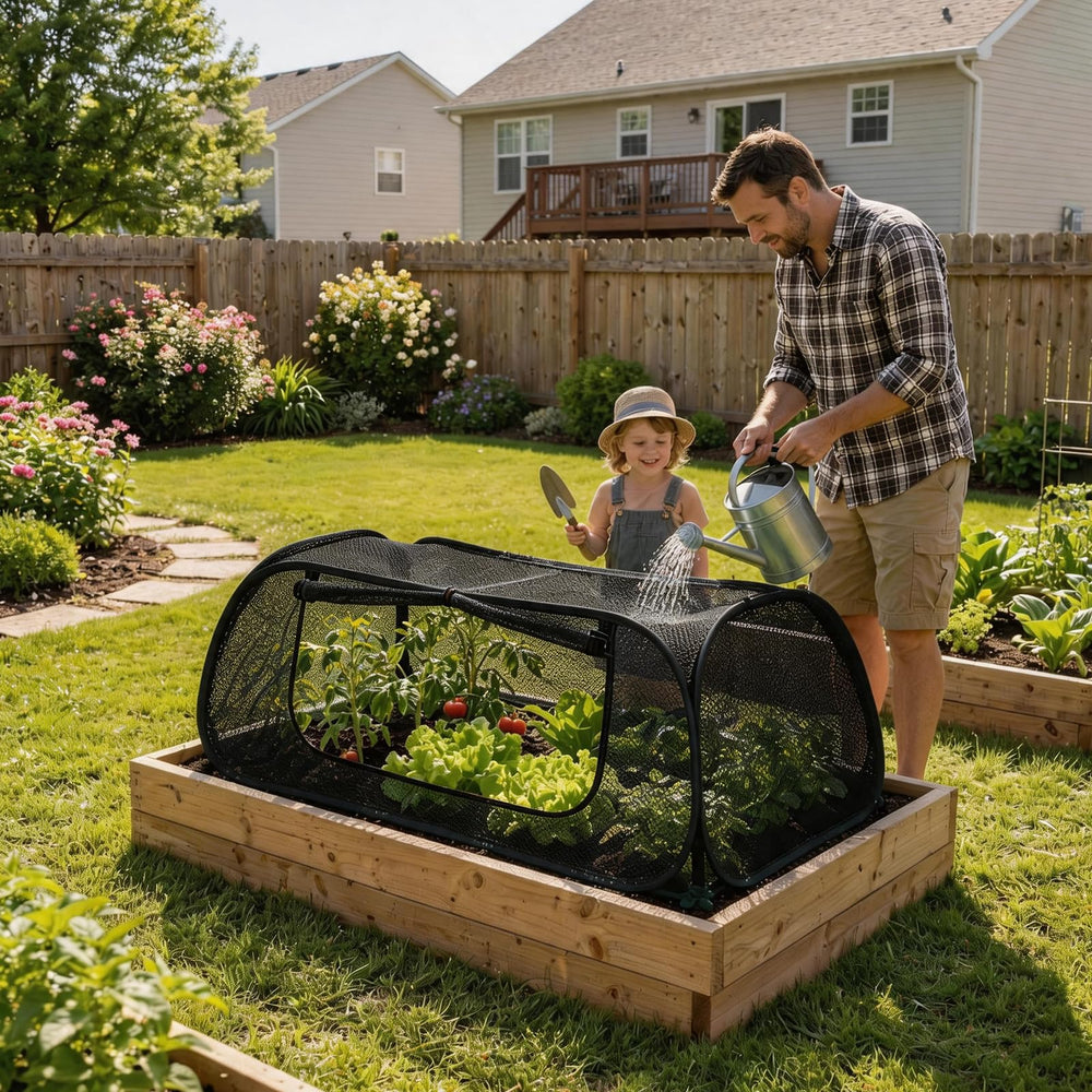 QwayHome garden cover over vegetable seedlings demonstrating sun and pest protection benefit