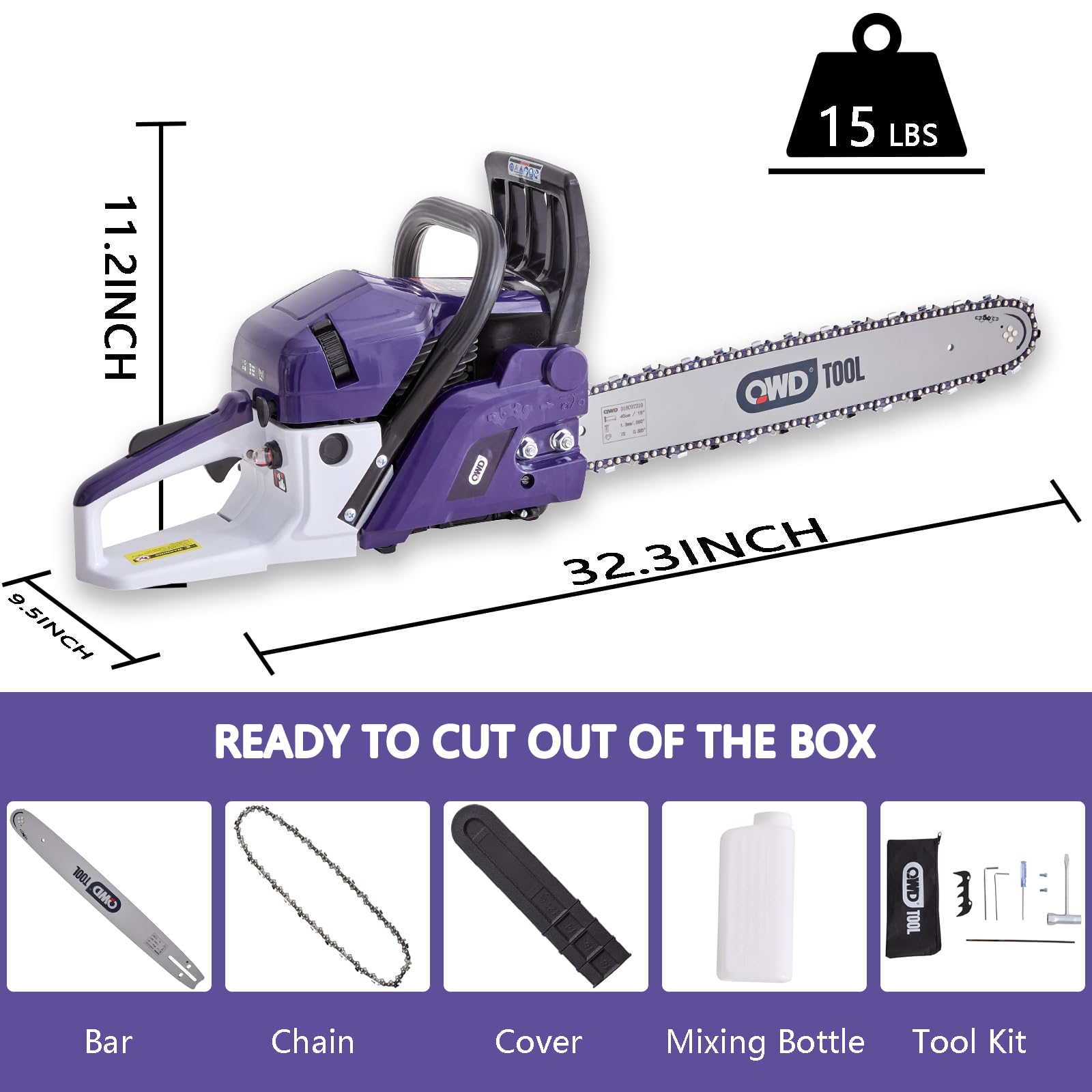 QWD 18-inch bar and chain detail showing hardened cutters for longer wear