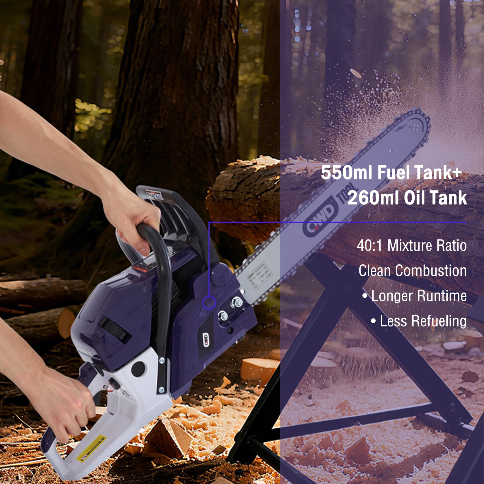 QWD chainsaw in use cutting firewood demonstrating effective cutting performance