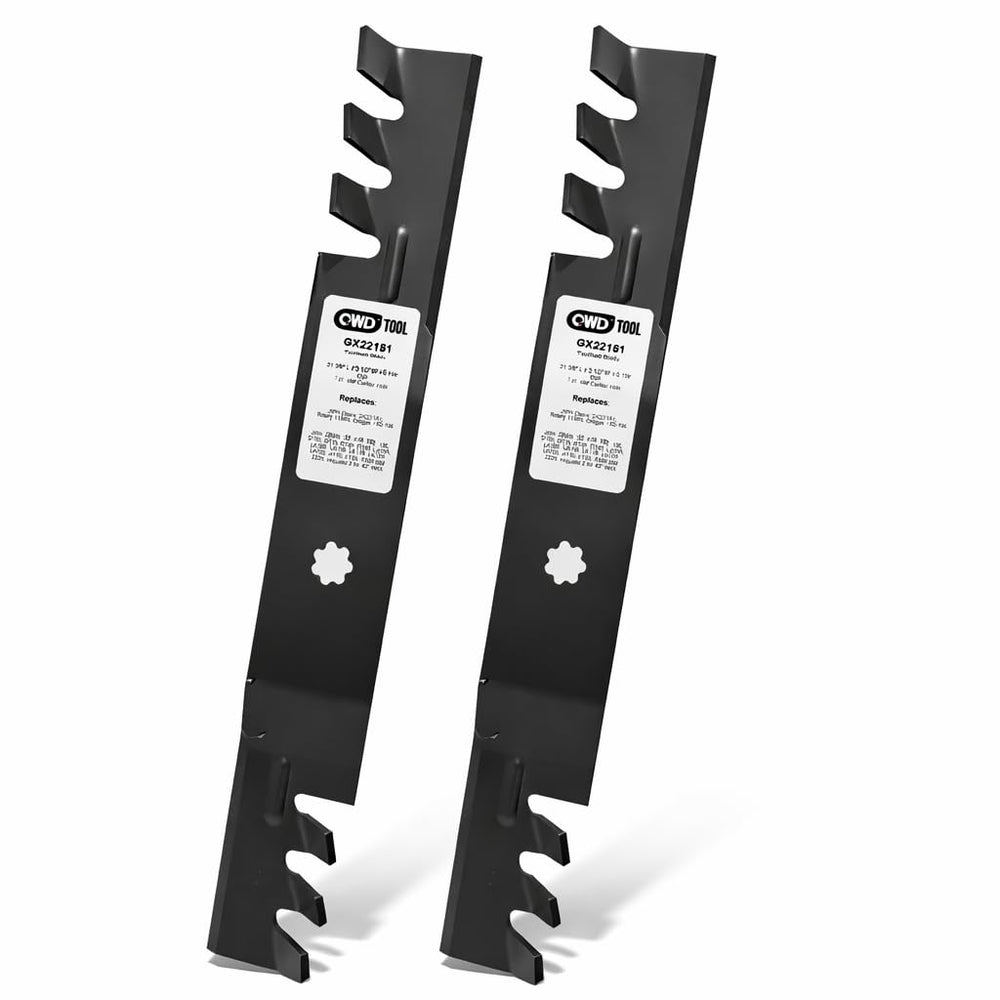 QWD gator mulching blade front view showing toothed edge for finer clippings