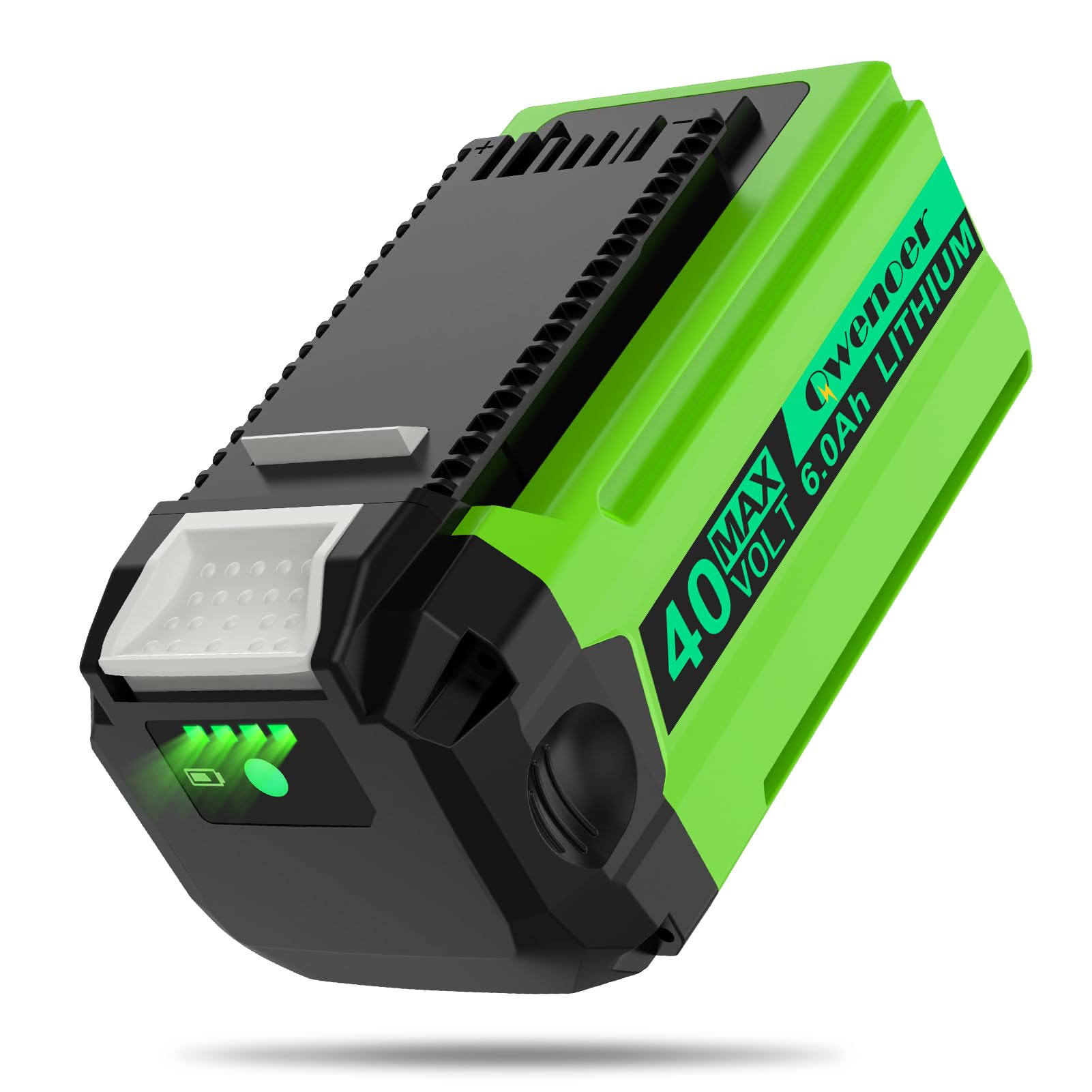 Qwenoer front view of 40V 6.0Ah replacement battery showing form and fit benefit