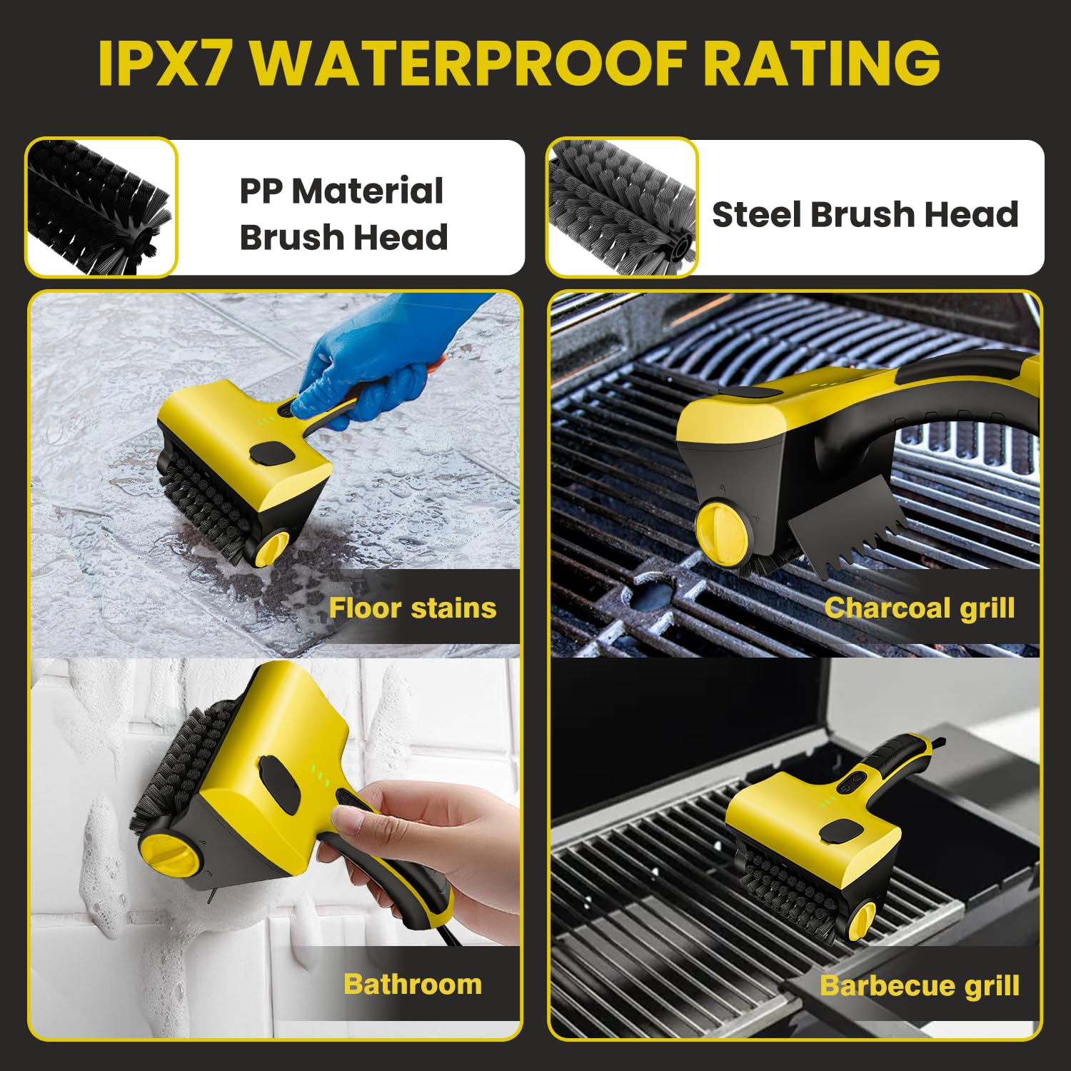 QWUE brush cleaning a charcoal grill in outdoor setting demonstrating practical backyard use
