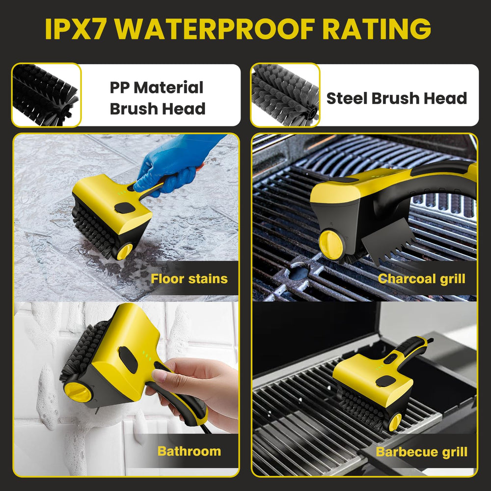 QWUE brush cleaning a charcoal grill in outdoor setting demonstrating practical backyard use