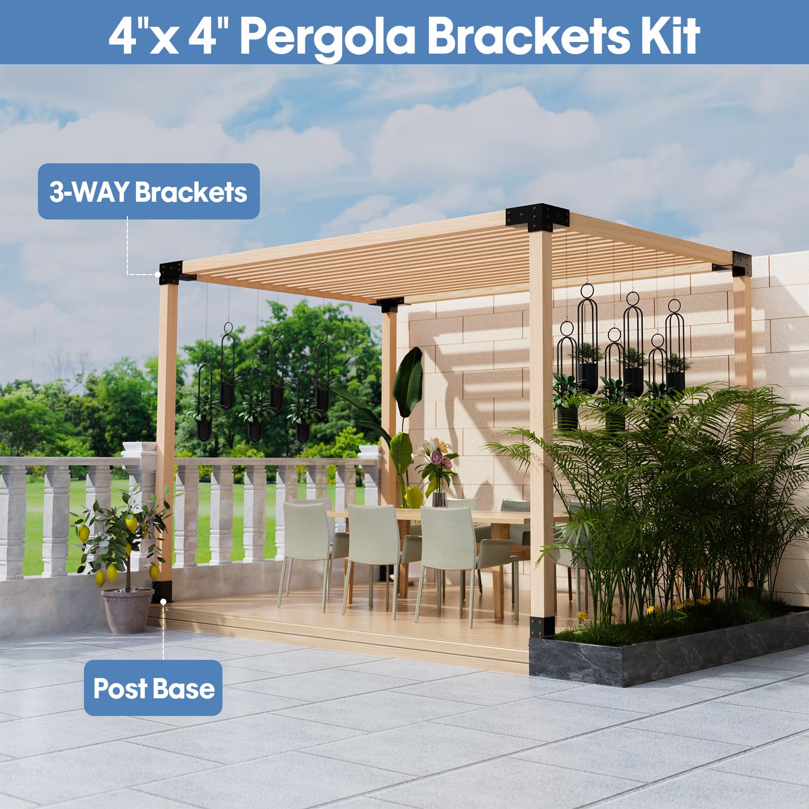 QZER pergola on a patio using the brackets demonstrating durable outdoor performance