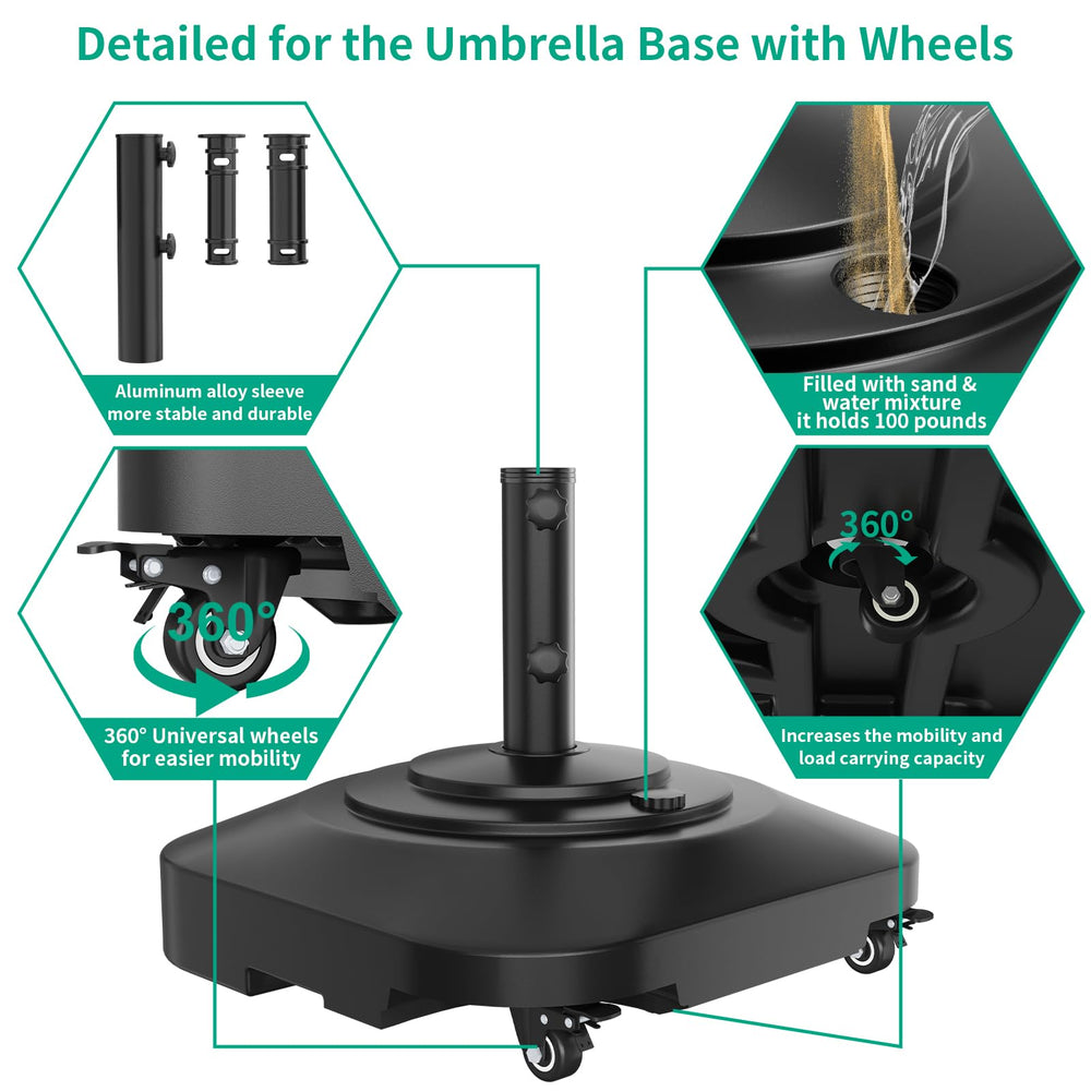 QZER umbrella base in use on patio providing sturdy shade for seating