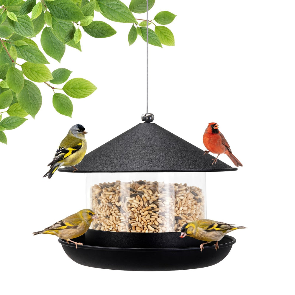 QZLOHOM feeder front view showing full tray and hanging loop for easy feeding