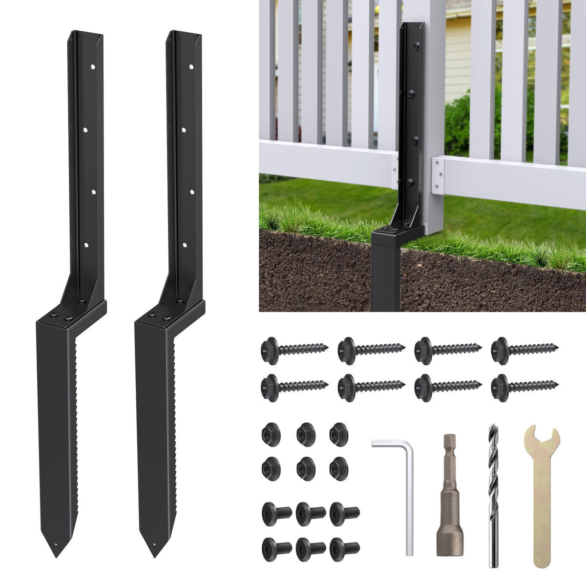 QZXRKEJI front packaging showing two heavy-duty fence post anchors for quick repairs