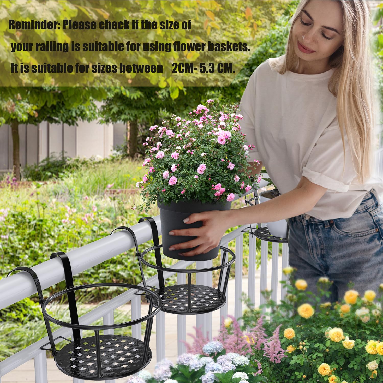 QZXRKEJI planter holders installed on balcony rail demonstrating stable mounted plants