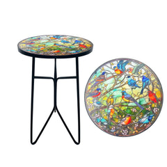 QZXYGY front view of mosaic birds table showing vibrant design and stable base