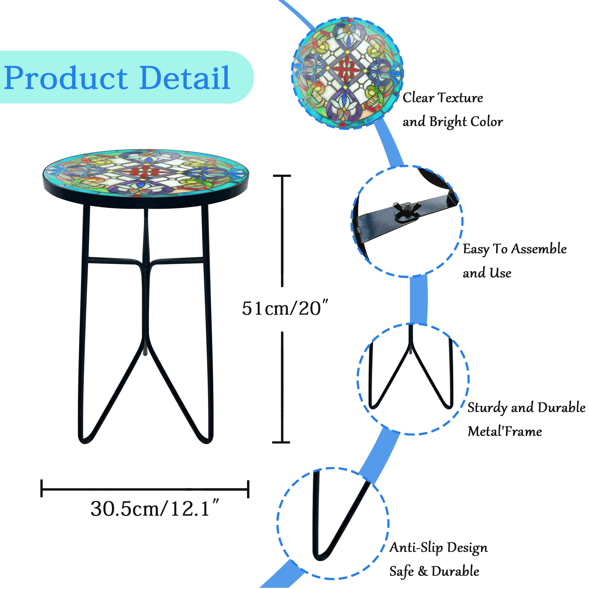 QZXYGY side table placed in a garden setting adding colorful outdoor charm