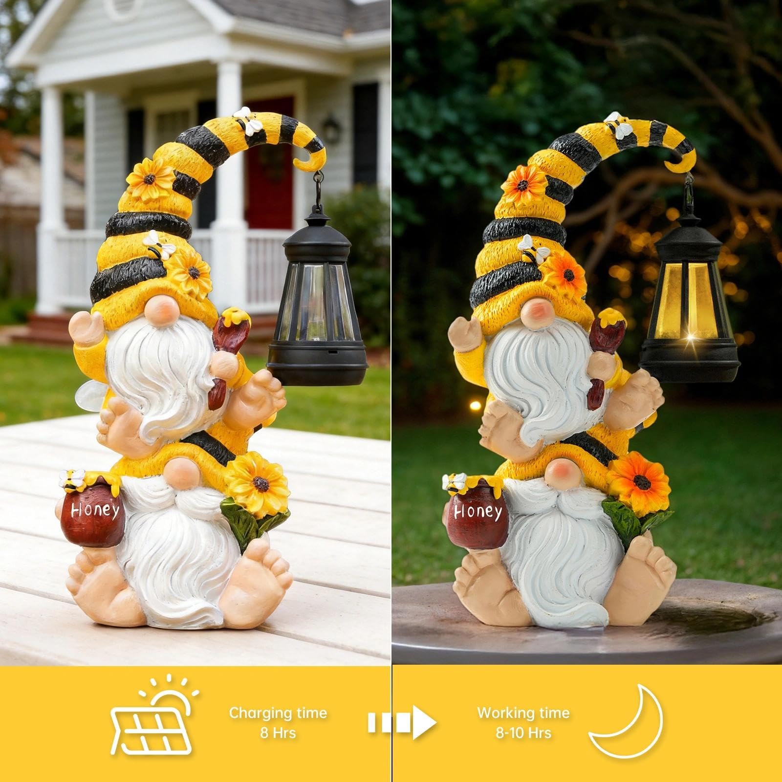 QZZP bee gnome nestled in garden among flowers for instant pollinator garden accent