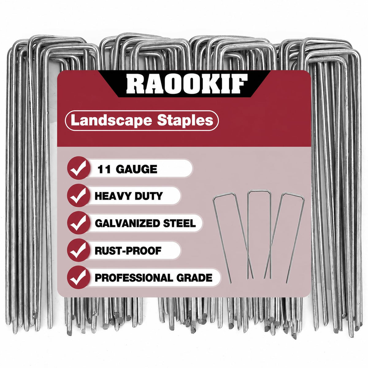 RAOOKIF front pack of 12-inch galvanized stakes showing quantity and usage benefits