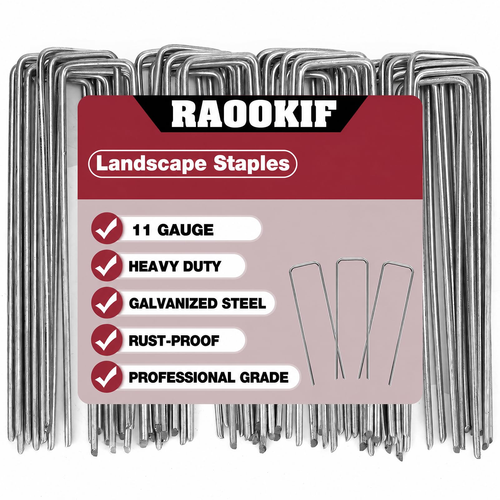 RAOOKIF front packaging showing 8 inch galvanized staples and pack size benefit