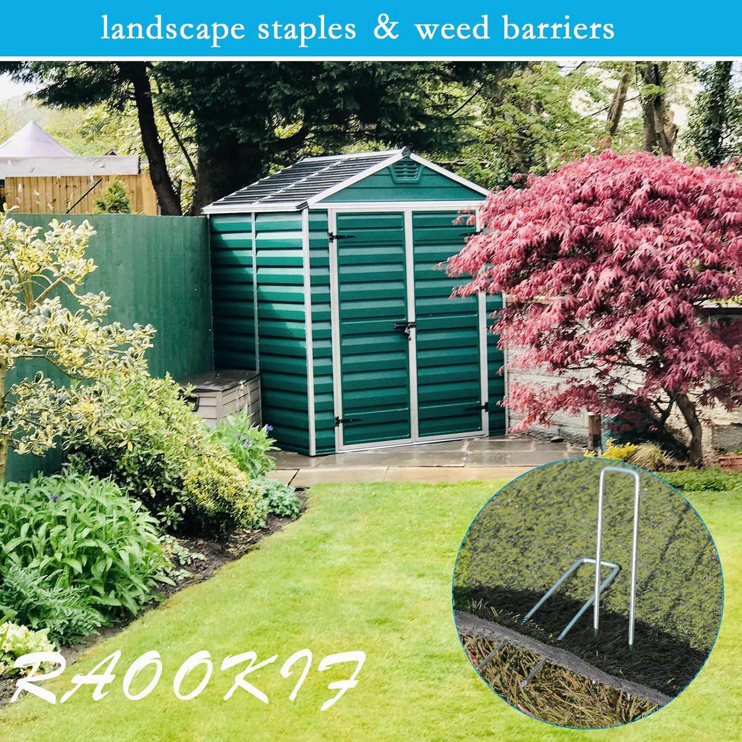 RAOOKIF U-shaped staples anchoring landscape fabric to prevent shifting