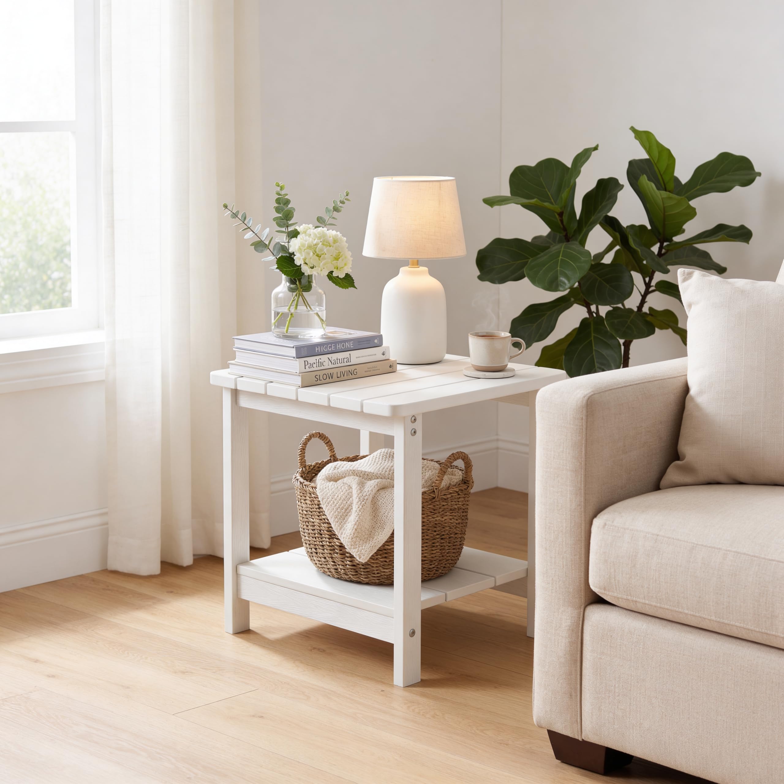 RACCOON FOREST side table beside chair showing scale and compact footprint benefit