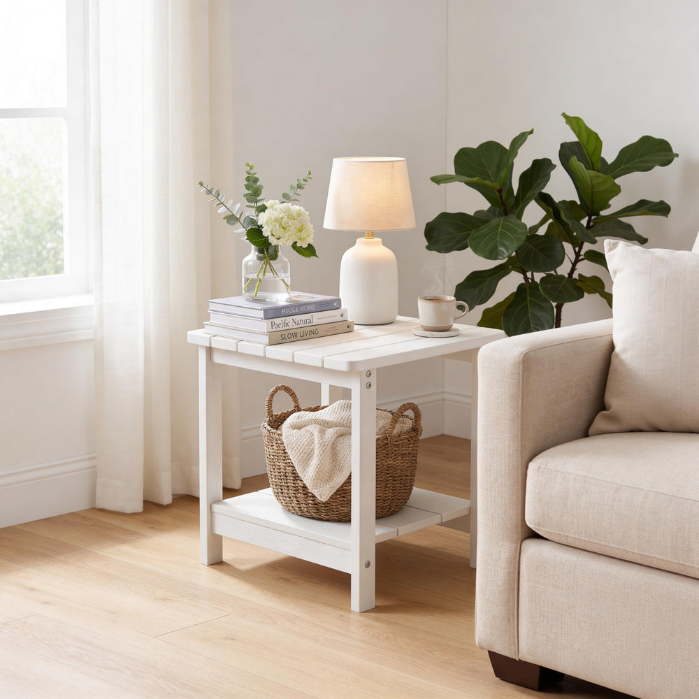 RACCOON FOREST side table beside chair showing scale and compact footprint benefit
