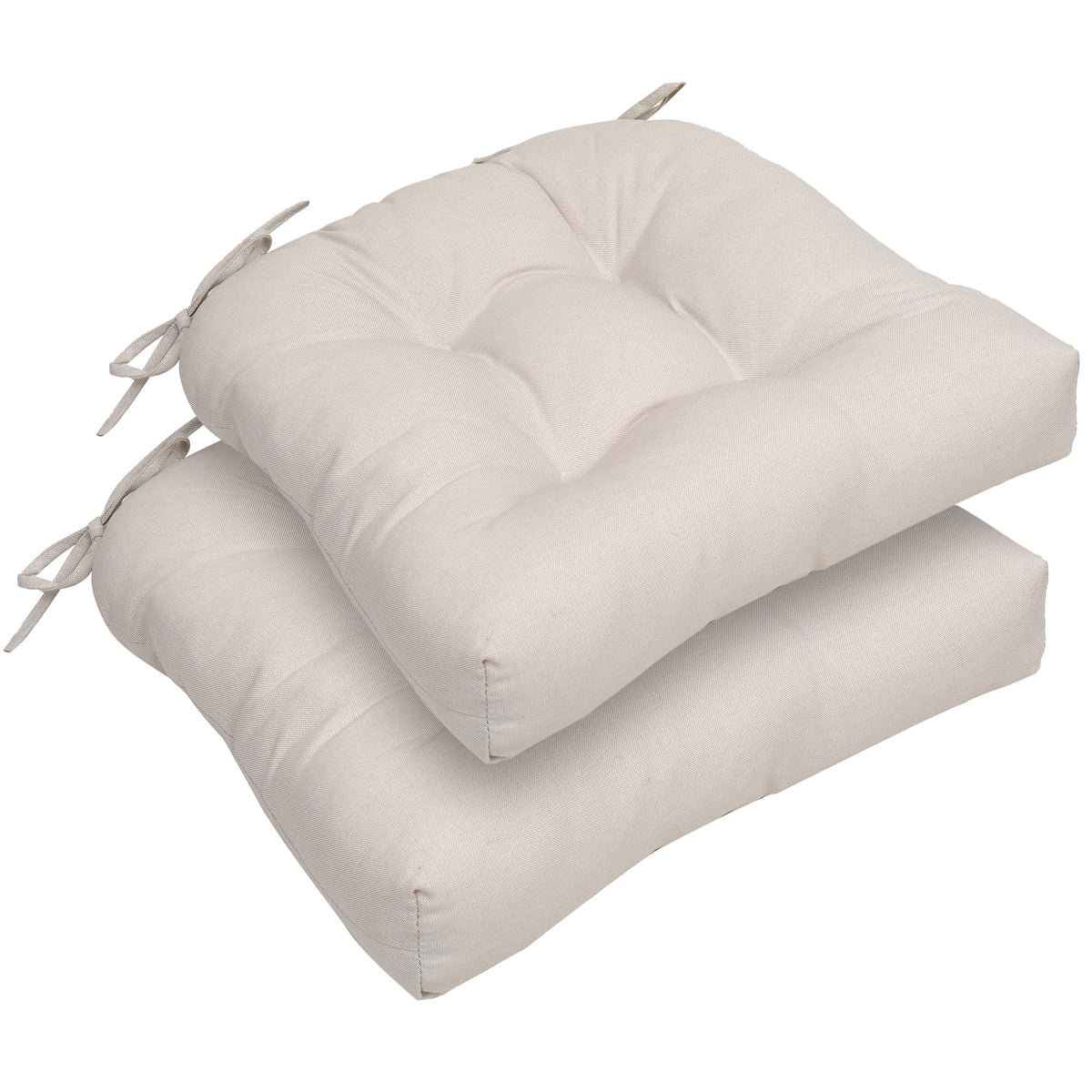 RACE LEAF front view of two beige cushions showing tidy tufted finish and clean look