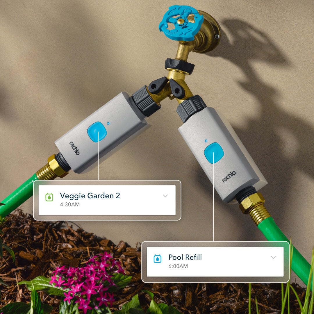 Rachio valve close-up showing the push button and durable finish for easy manual runs