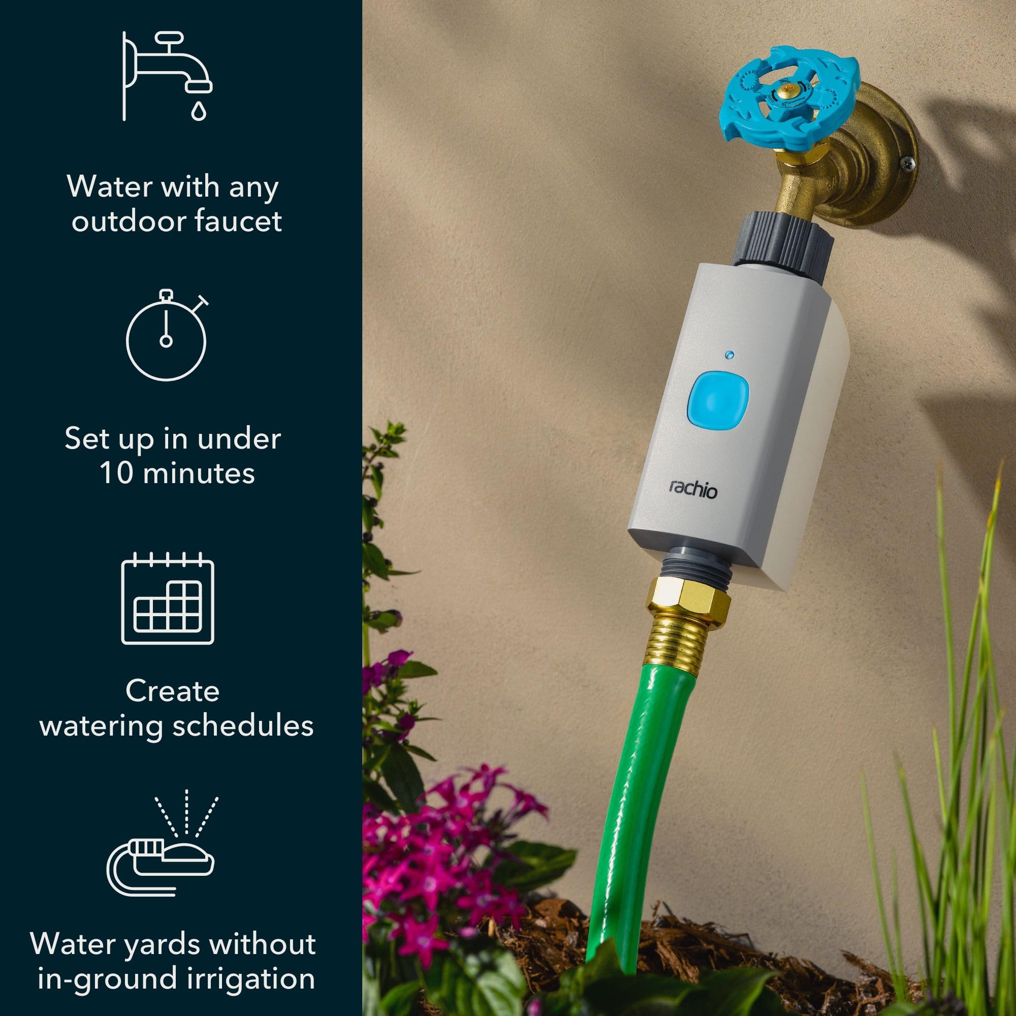 Rachio valve close-up on built-in button for instant watering control benefit