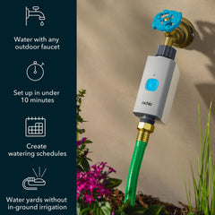 Rachio valve close-up on built-in button for instant watering control benefit