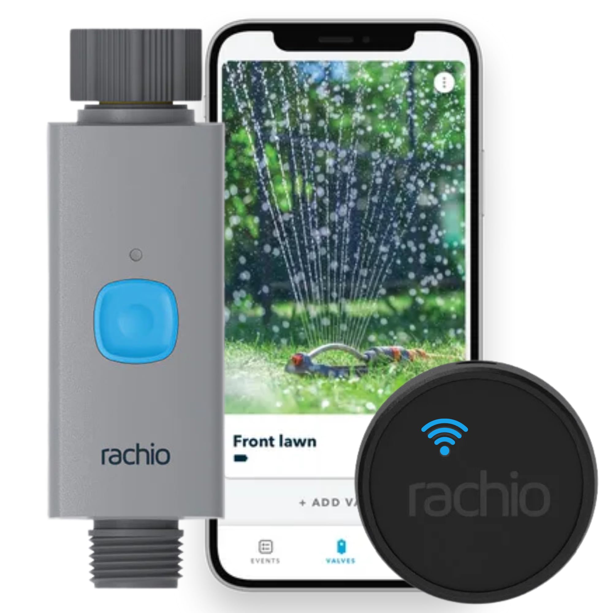Rachio valve front view showing durable housing and easy connection benefit