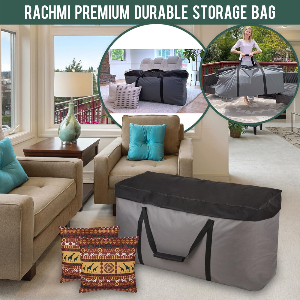 Rachmi filled bag on patio protecting cushions from elements benefit