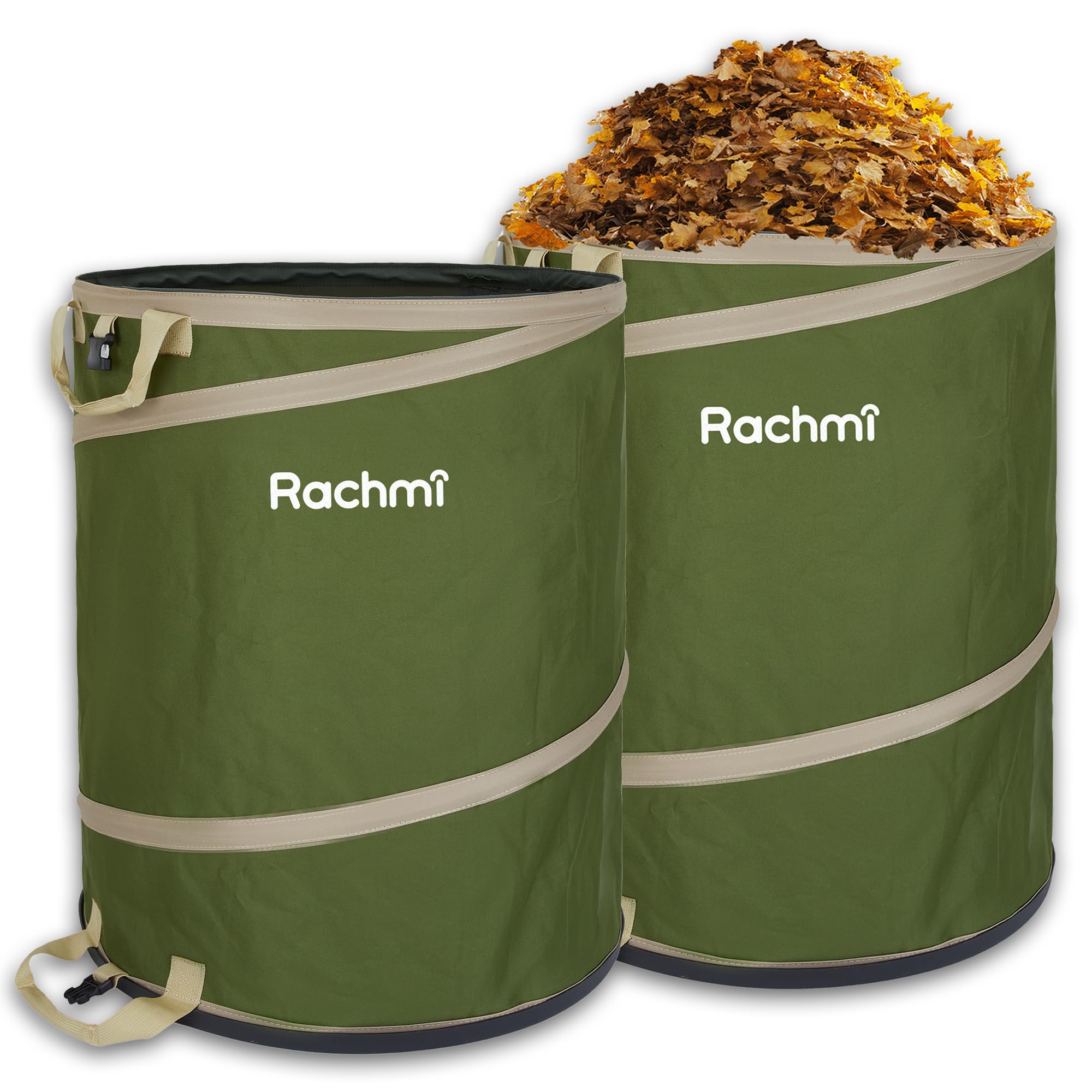 Rachmi front view filled with leaves showing large capacity and easy collection