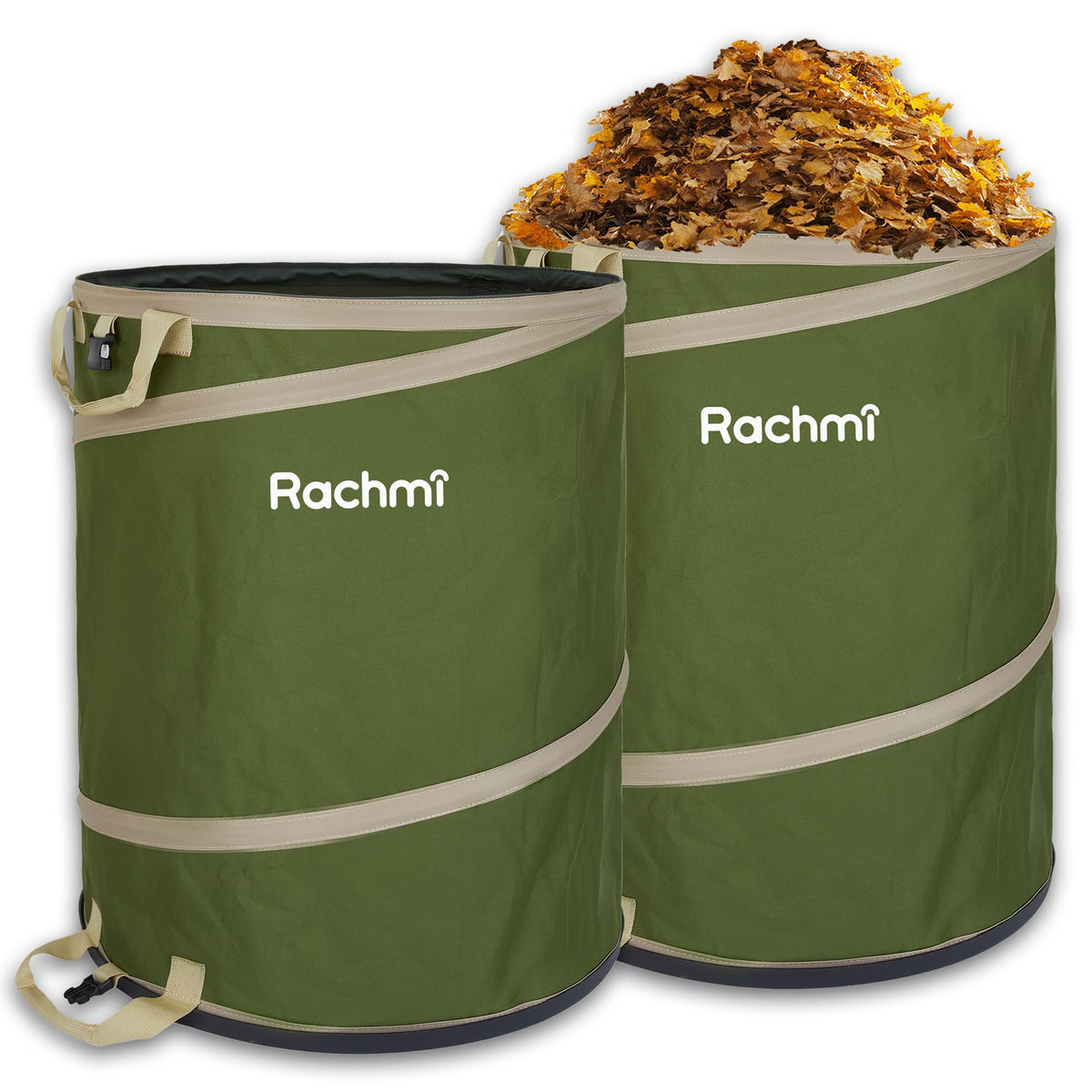 Rachmi front view filled with leaves showing large capacity and easy collection