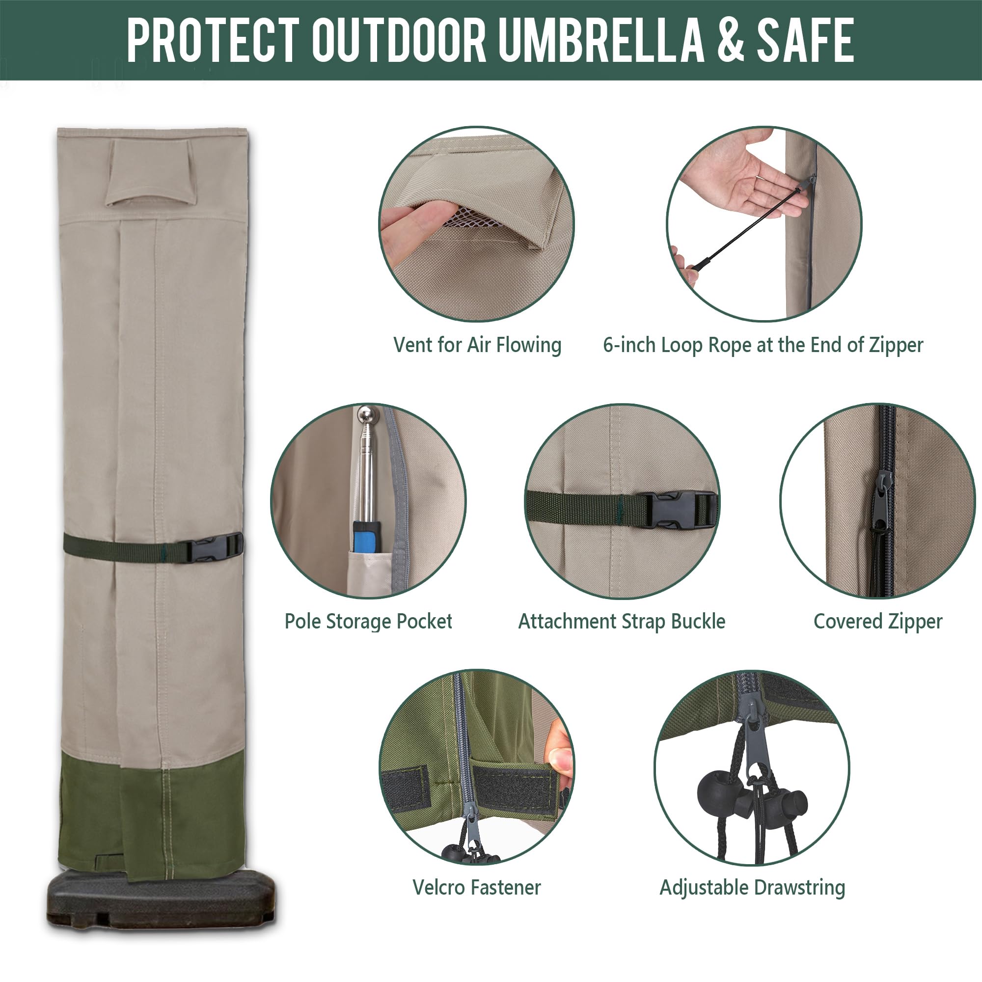 Rachmi covered umbrella on patio showing neat khaki look and weather defense