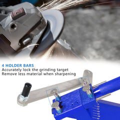 RACTOP adjustable vise clamping a lawnmower blade for accurate, repeatable sharpening