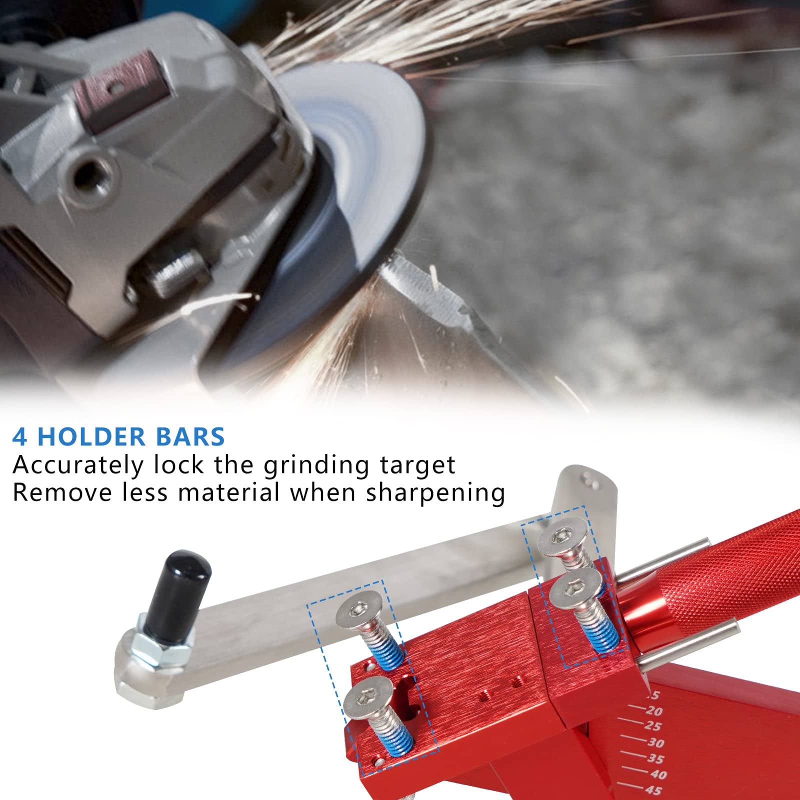 RACTOP blade vise illustrating adjustable width to fit nearly all mower blades