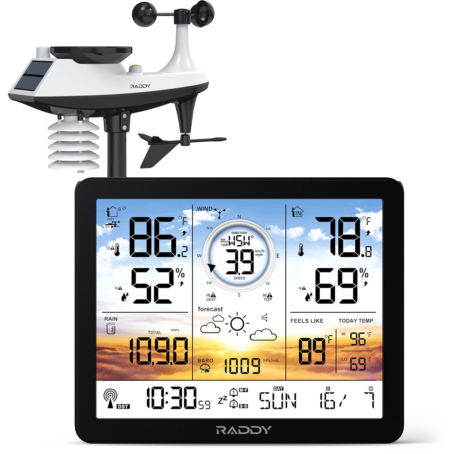 Raddy AG7 front display showing multi-parameter weather readouts and atomic time