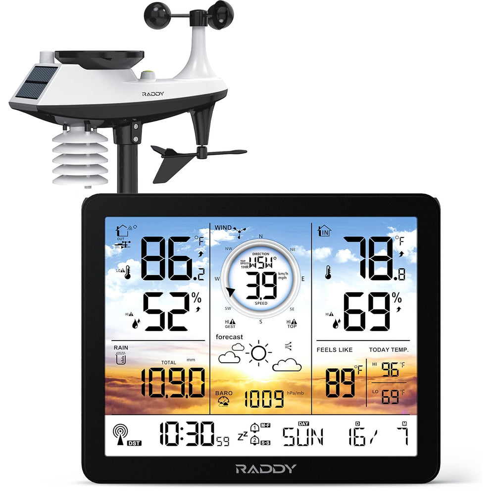 Raddy AG7 front display showing multi-parameter weather readouts and atomic time