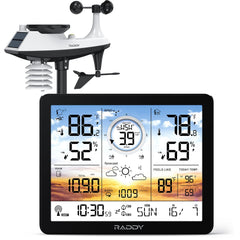Raddy AG7 front display showing multi-parameter weather readouts and atomic time