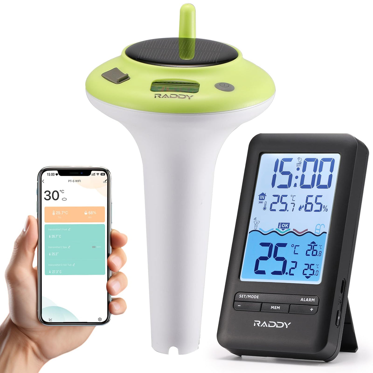 Raddy console front display showing temperature and comfort icons for quick readings